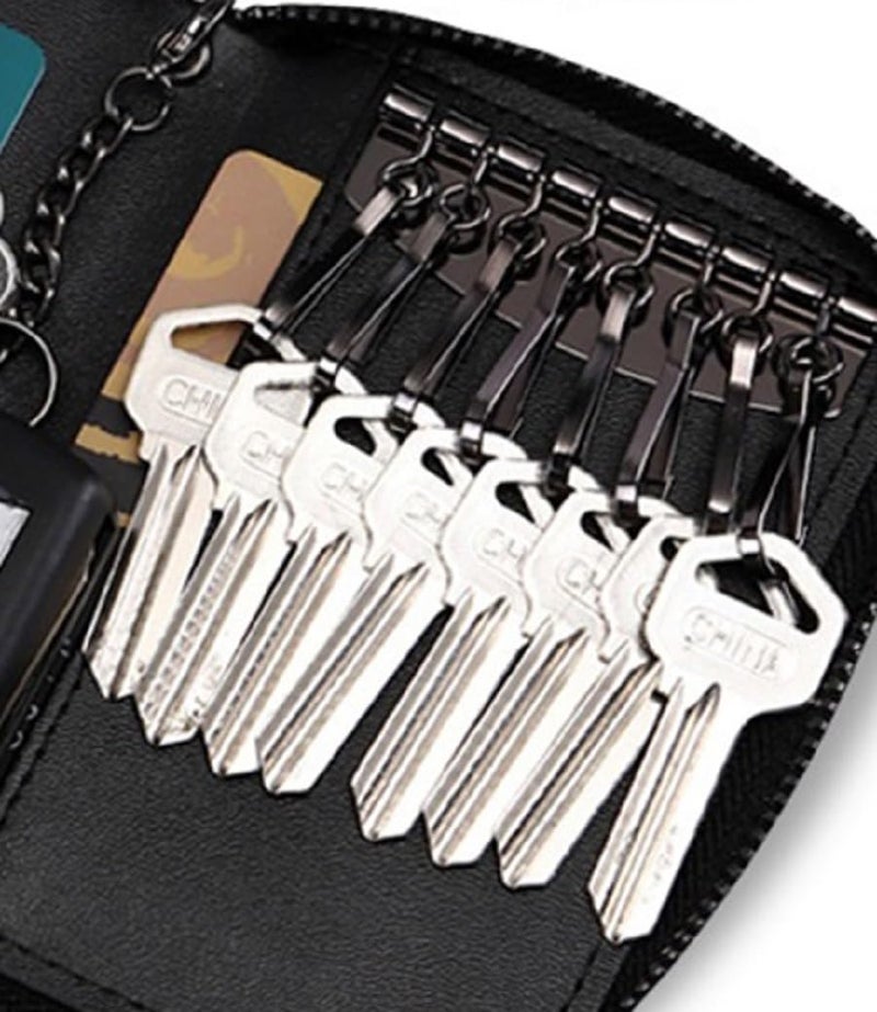 BAKUN Large Zipper Leather Car Key Case, Key Holder Key Organizer Wallet, With 16 Hooks(Black) - Image 2